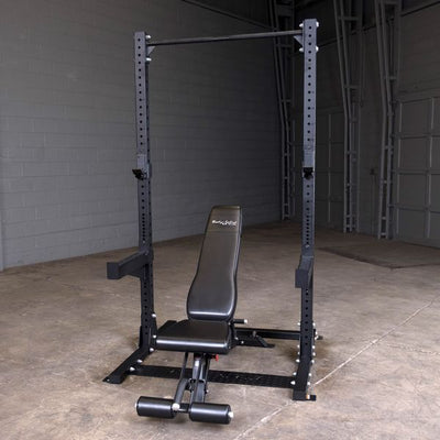 Body Solid SPR500 half rack black with pull-up bar, j-hooks, safety spotter arms with FID bench