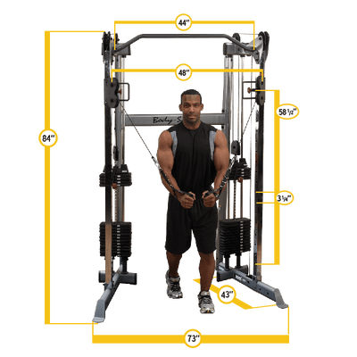 Body-Solid GDCC210 functional trainer dual weight stacks pull-up bar silver and black dimensions