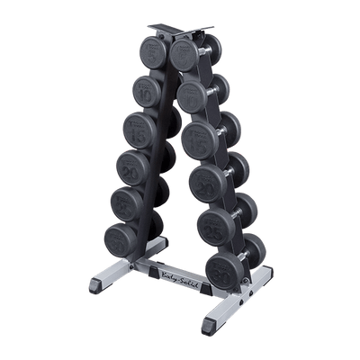 Body Solid dual sidrd vertical dumbbell rack with rubber hex dumbbells Simpsons Fitness Supply