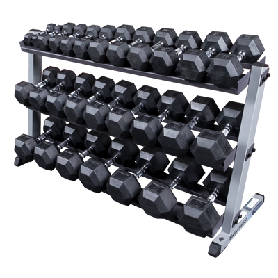 Body Solid 3 tier dumbbell rack with rubber hex dumbbells Simpsons Fitness Supply