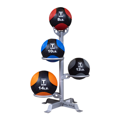 Body Solid medicine ball rack silver with color medicine balls Simpsons Fitness Supply