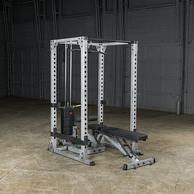 body solid gpr378 power rack w/ lat pull 200lb stack black & sliver gfid378 adjustable bench
