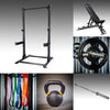 Halaf Rack Home Gym Package - Half Rack, Adjustable Body Solid Bench Rubber Grip Plates, barbell, kettlebell, resistance bands