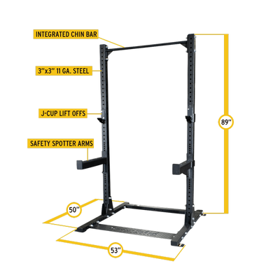 Body Solid SPR500 half rack black with pull-up bar, j-hooks, safety spotter arms dimensions