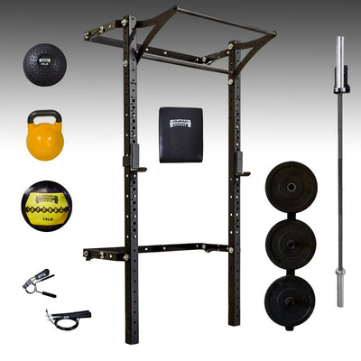 prx pro space saving squat rack, barbell, bumper plates, yellow kettlebell, 20lb slam ball