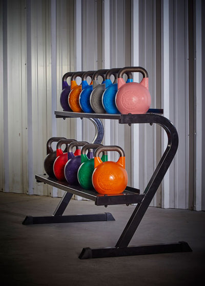 Competition Kettlbells on storage rack full set simpsons fitness supply colorado